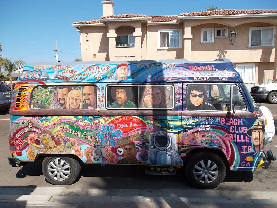 multicolored vehicle parked near building, hippies, bus, van