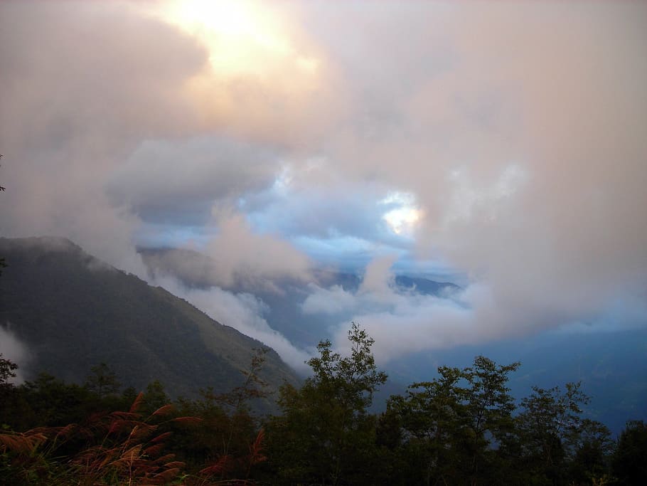 Mountain, Clouds, Mist, Sunset, nature, scenics, tree, cloud - sky HD wallpaper