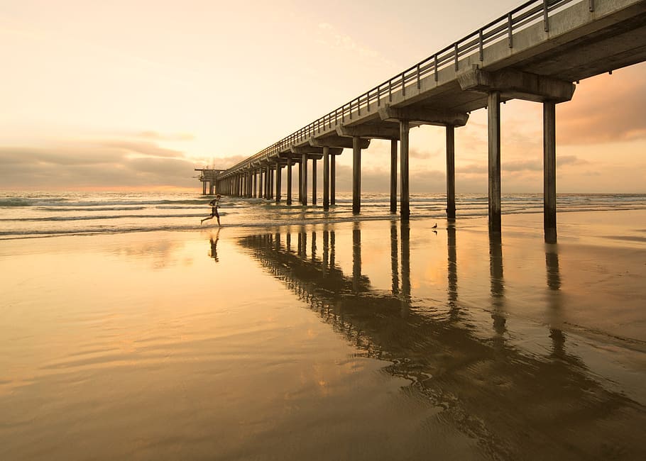 nature, beach, shore, sand, dock, bridge, water, ocean, sea HD wallpaper
