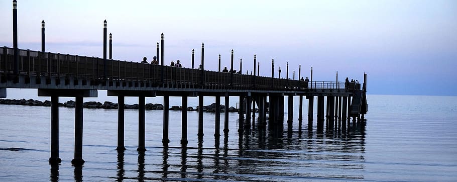 waters, pier, sunset, breakwater, reflection, bridge, panorama HD wallpaper