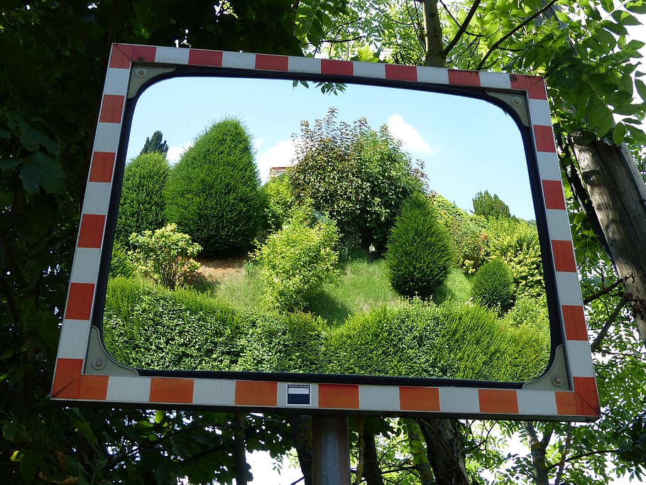 mirror, traffic mirror, reflection, mirroring, red white frame HD wallpaper