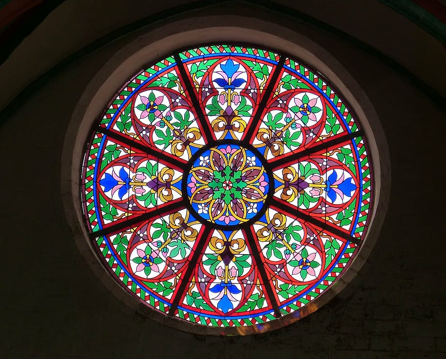 red, green, and blue floral tiffany wall window, church window