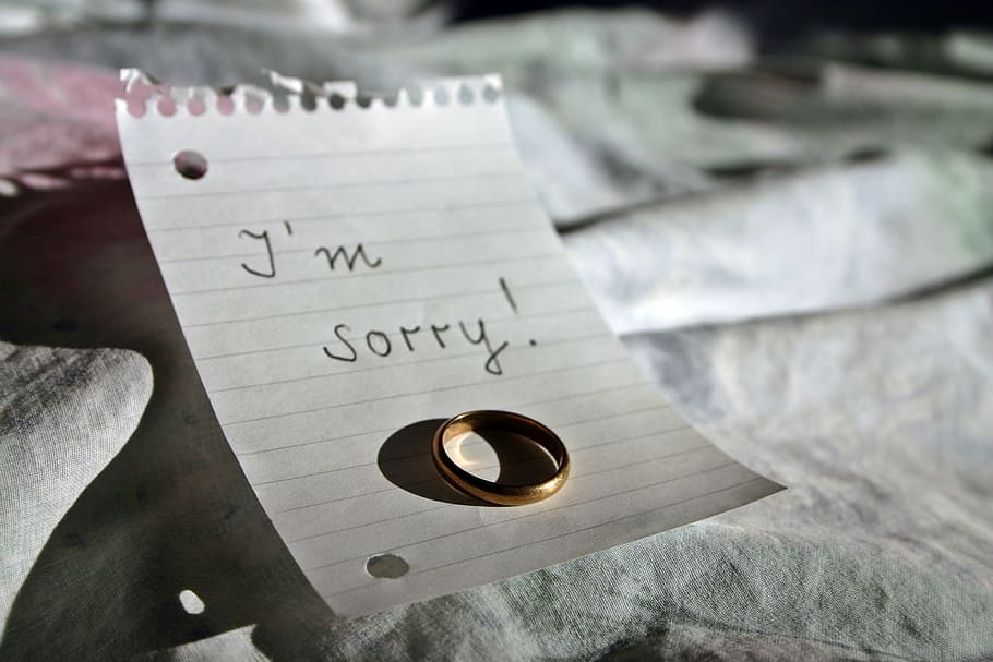 gold ring on white ruled paper with I'm Sorry text, embassy, love