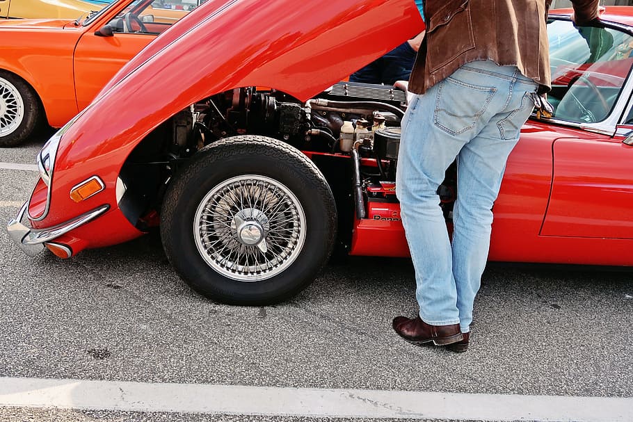 jaguar, e type, oldtimer, lifestyle, old fashioned car, red HD wallpaper