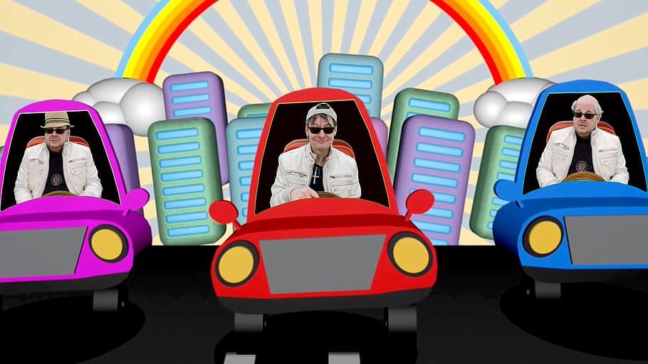 driver, autos, comic, traffic, road, driving a car, rainbow HD wallpaper