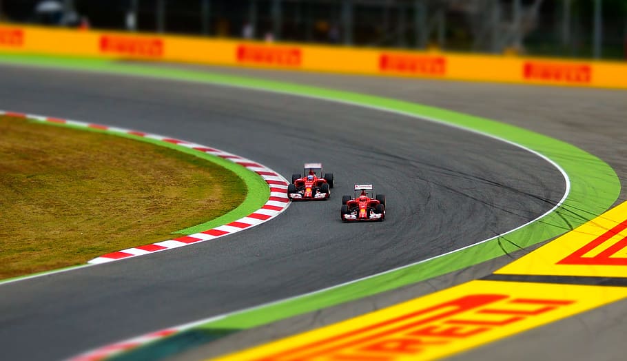 two racing cars on race track, car racing, barcelona, formula 1, HD wallpaper