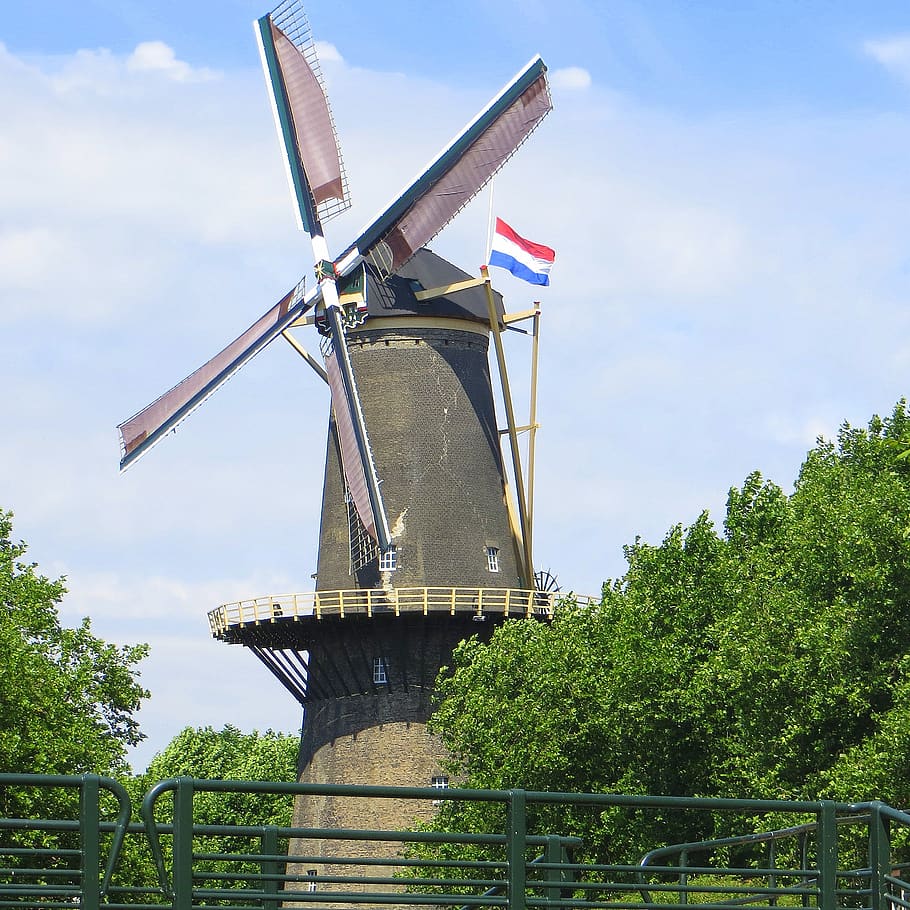 dutch, windmill, sky, historic, blue, building, tourism, historical HD wallpaper