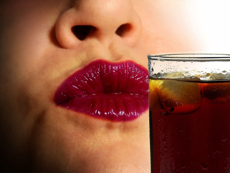 person in red lipstick, cola, drink, refreshment, erfrischungsgetränk HD wallpaper