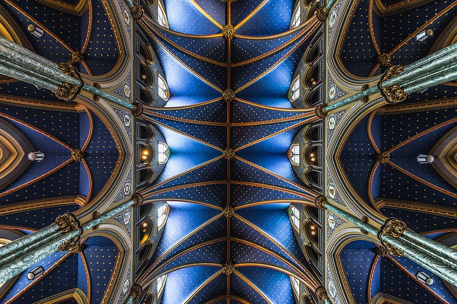 low-angle photography of blue and gray building interior, architecture HD wallpaper