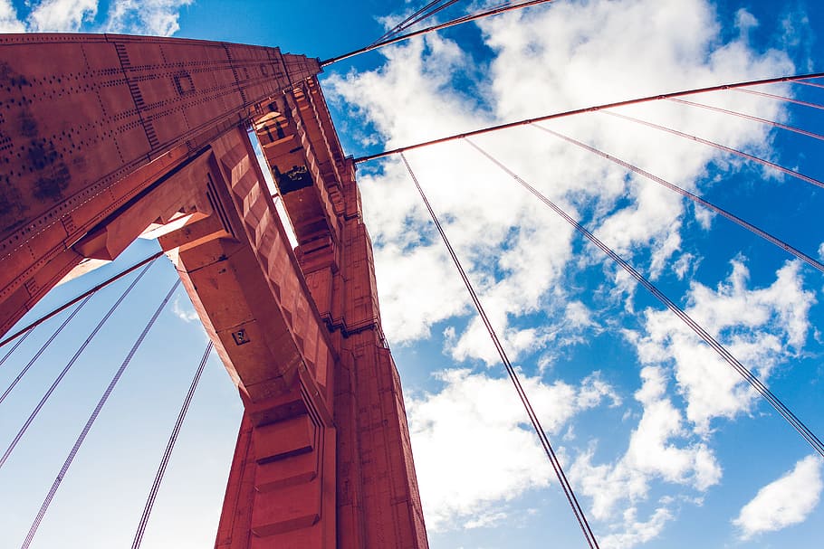 worm's-eye view photography of trusses under cloudy sky, low angle photography of suspension bridge HD wallpaper
