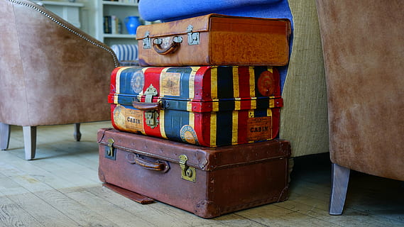 three assorted-color luggage bags, stacked, suitcases, grey HD wallpaper