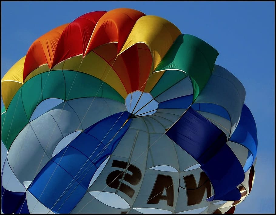 parachute, sky, water sports, parasailing, screen, fly, blue, HD wallpaper