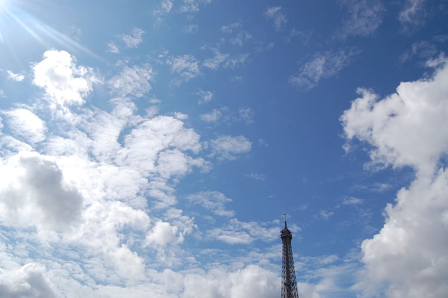 eiffel tower, top, point, sky, clouds, blue, paris, bright HD wallpaper