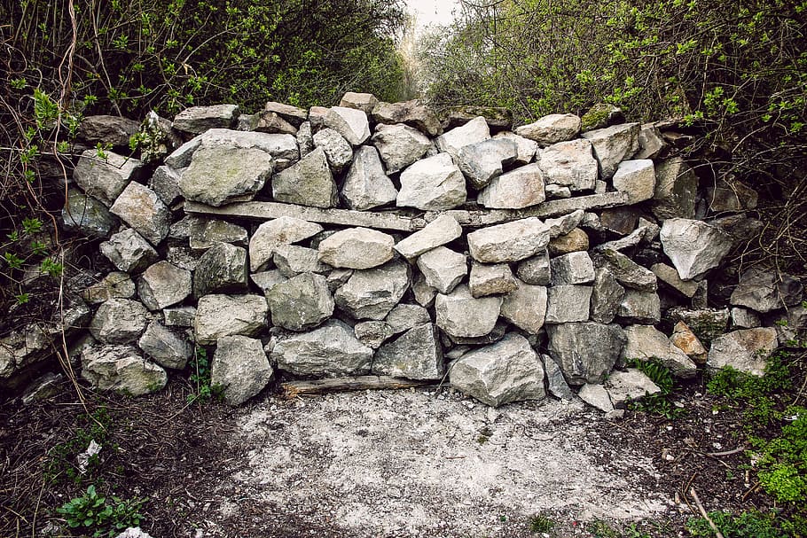 gray wall rocks between plants, stones, barrier, dam, path HD wallpaper