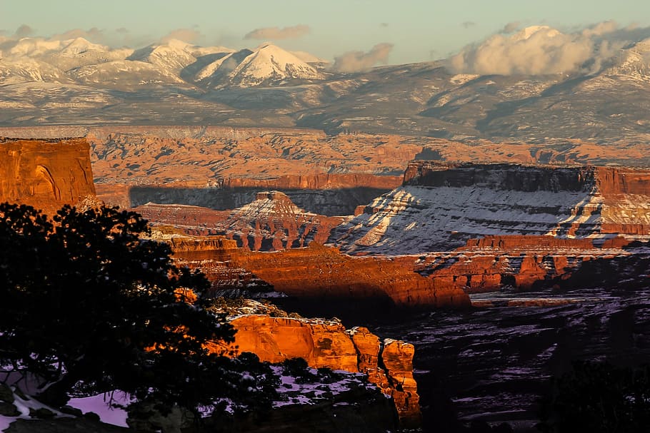 sunset, landscape, panorama, rocks, stones, snow, winter, vista HD wallpaper