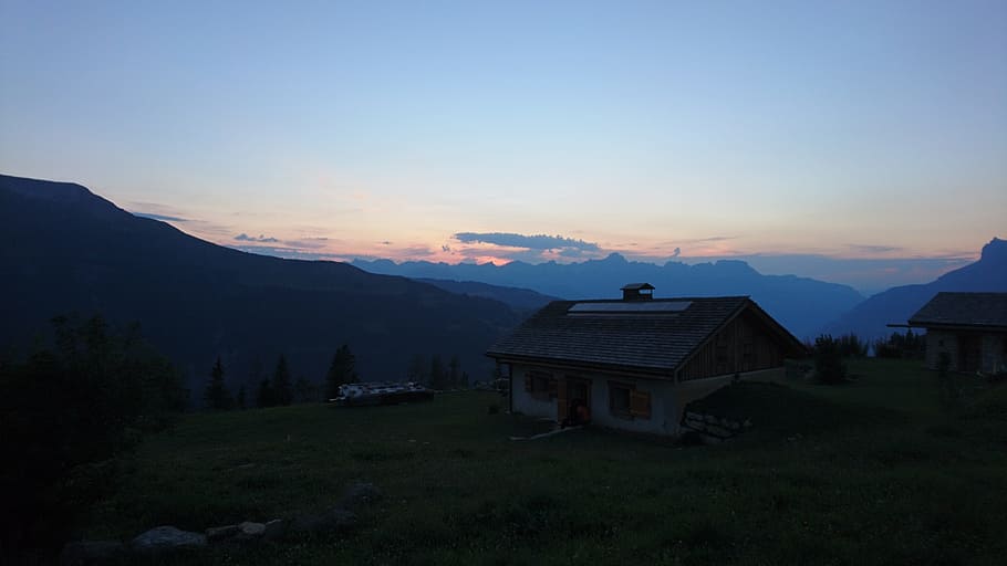 sunset, mountain, chalet, sky, scenics - nature, architecture HD wallpaper