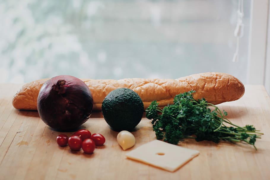 vegetable beside bread, onion and tomatoes on table, fruit, cook HD wallpaper