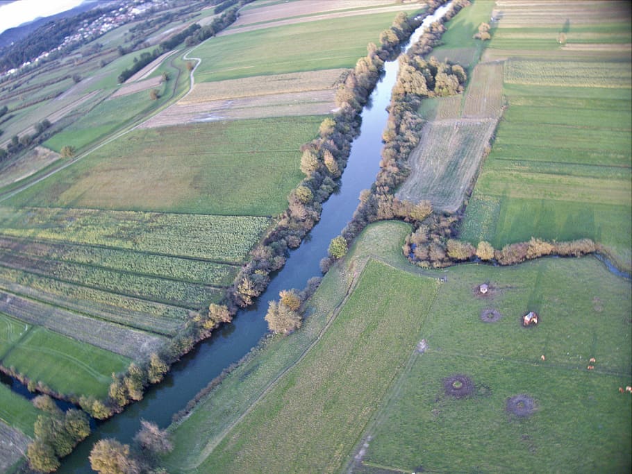 Romans and rivers, aerial view of river and grassland, tree, field HD wallpaper