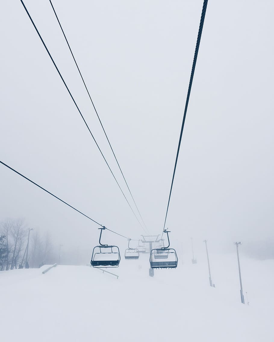 cable cart coated with snow, black ski lift, winter, skiing, fog HD wallpaper