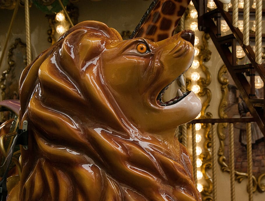manege, carousel, lion, fun fair, sculpture, representation HD wallpaper