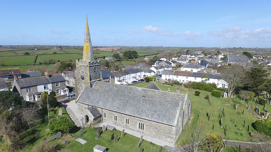 Spire, Cornwall, church, landscape, history, architecture, field HD wallpaper
