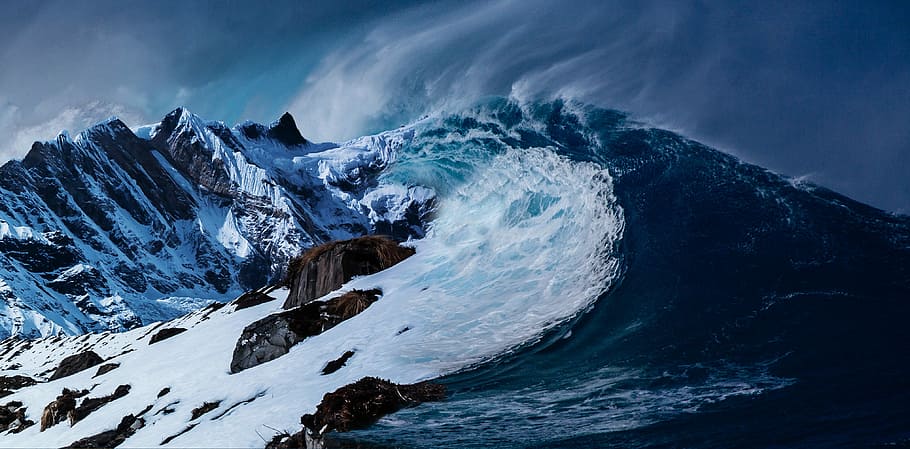 mountain, wave, sea, retouching, art, nature, outdoor, landscape HD wallpaper