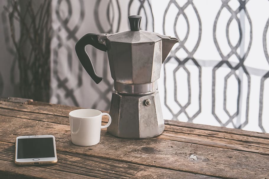 silver Moka pot beside ceramic mug and gold iPhone 7, background HD wallpaper