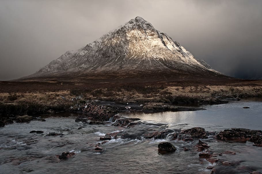 river near mountain, highland, cloud, sky, summit, ridge, landscape HD wallpaper