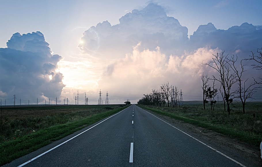 concrete road leading to grass field, blue, clouds, light, sky HD wallpaper