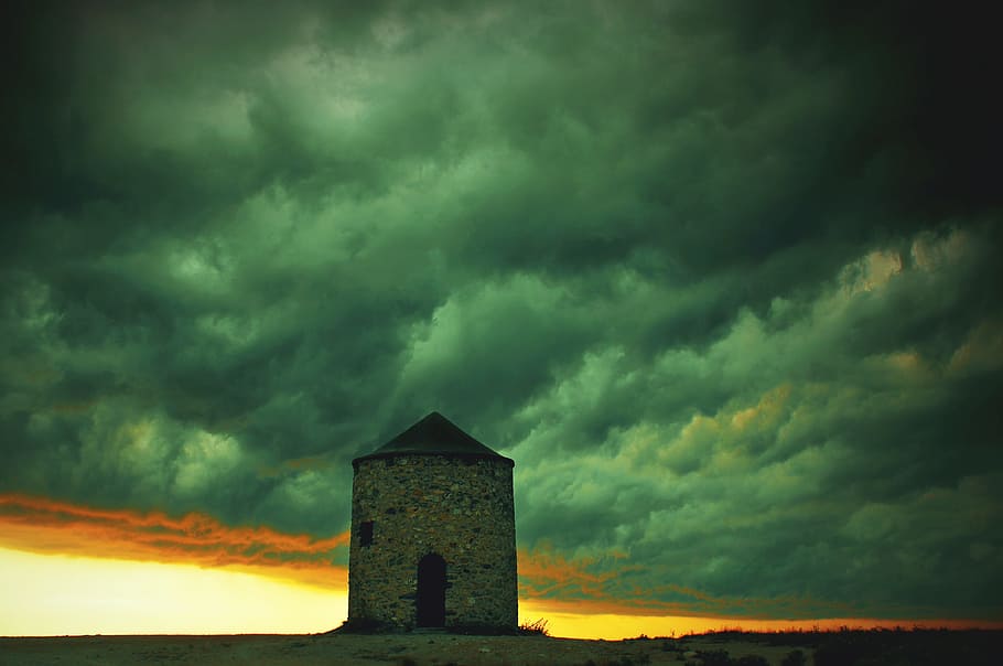 sky, clouds, mill, windmill, sunset, gloomy, stormy, seaside HD wallpaper