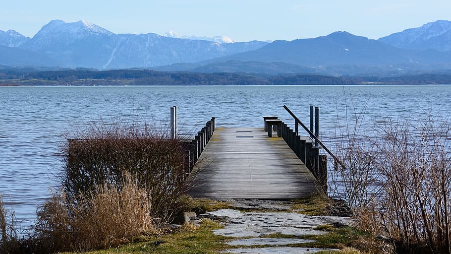 wood, water, mountain, lake, dock, pier, scenic, nature, sky HD wallpaper