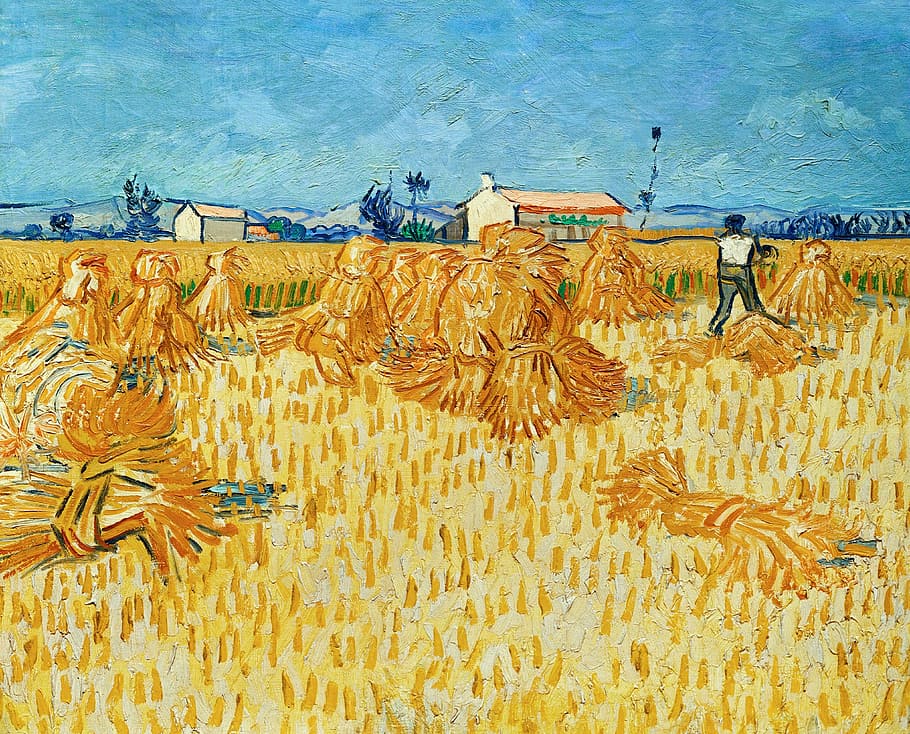 person on grass field painting, vincent van gogh, harvest, straw