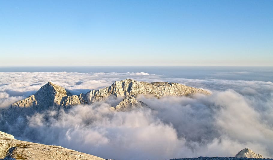 white mountain and clouds, nature, sky, landscape, mountain top HD wallpaper
