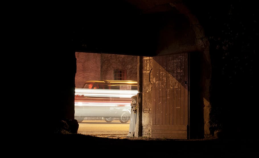 building, car, dark, door, long-exposure, vehicle, night, architecture HD wallpaper