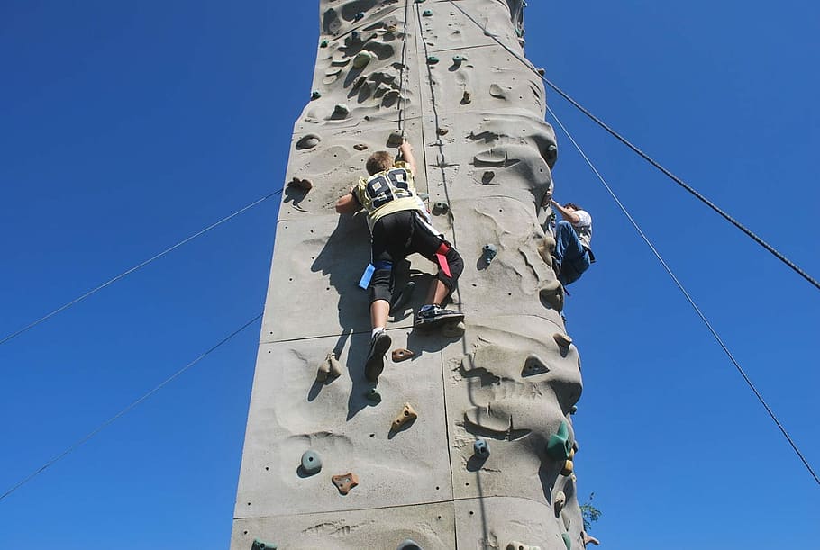 Rock, Wall, Climbing, Boys, Lads, fun, adventure, helmet, low angle view HD wallpaper