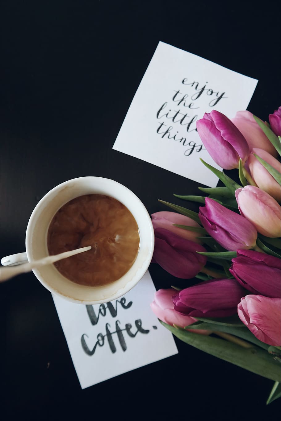 caffeine, coffee, cup, mug, background, black, cards, cream, flowers HD wallpaper