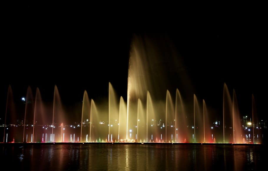 ibirapuera park, lights, night, water show, color, colorful