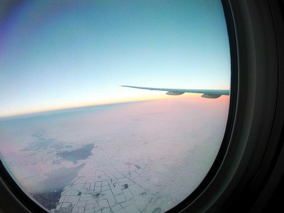 aerial view from airliner window, calm, blue, pink, sky, nature HD wallpaper