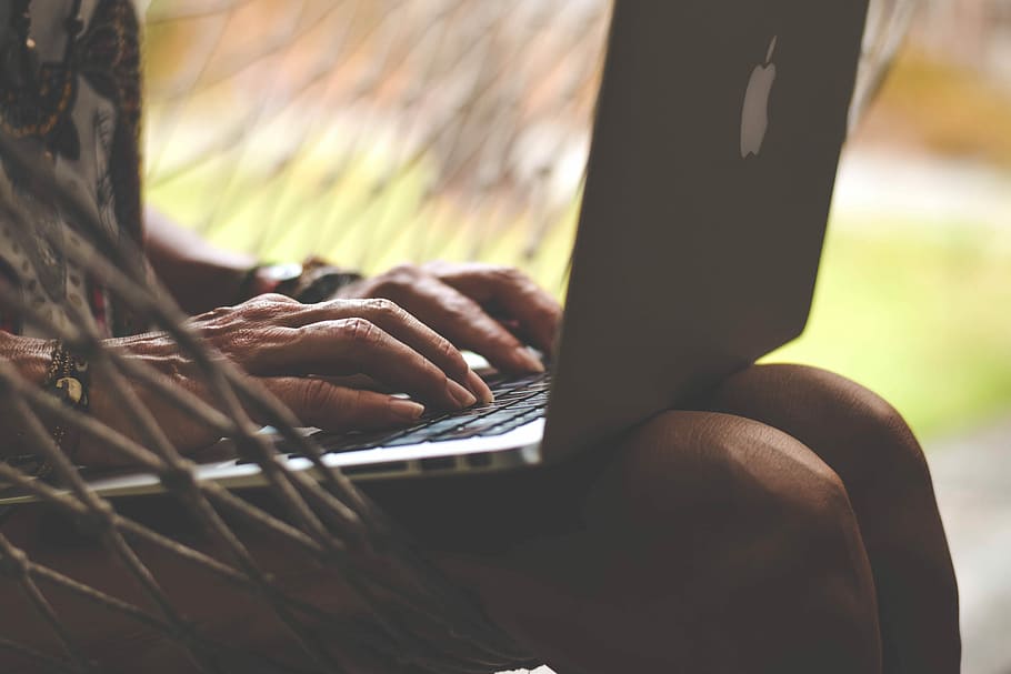 person using laptop, apple, hands, typing, computer, technology HD wallpaper