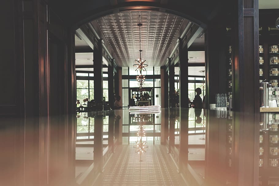 brown wooden table, lobby, hotel, building, wall, floor, reflection HD wallpaper