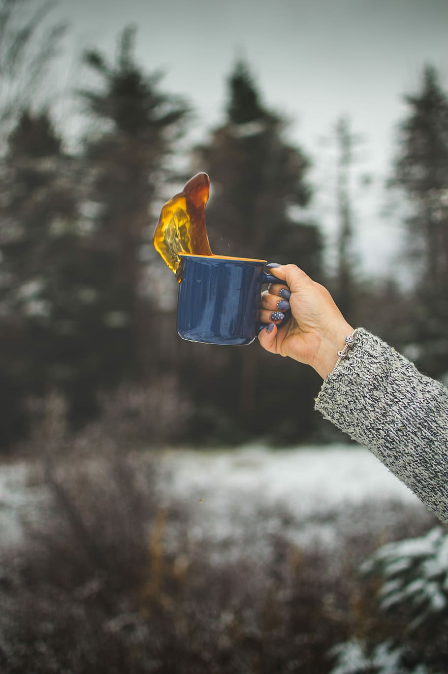 woman raising her ceramic mug, drink, coffee, hand, tree, human hand HD wallpaper
