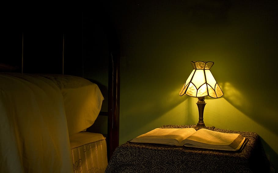 black and brown table lamp beside book, Light, Bed, Bible, Still Life HD wallpaper