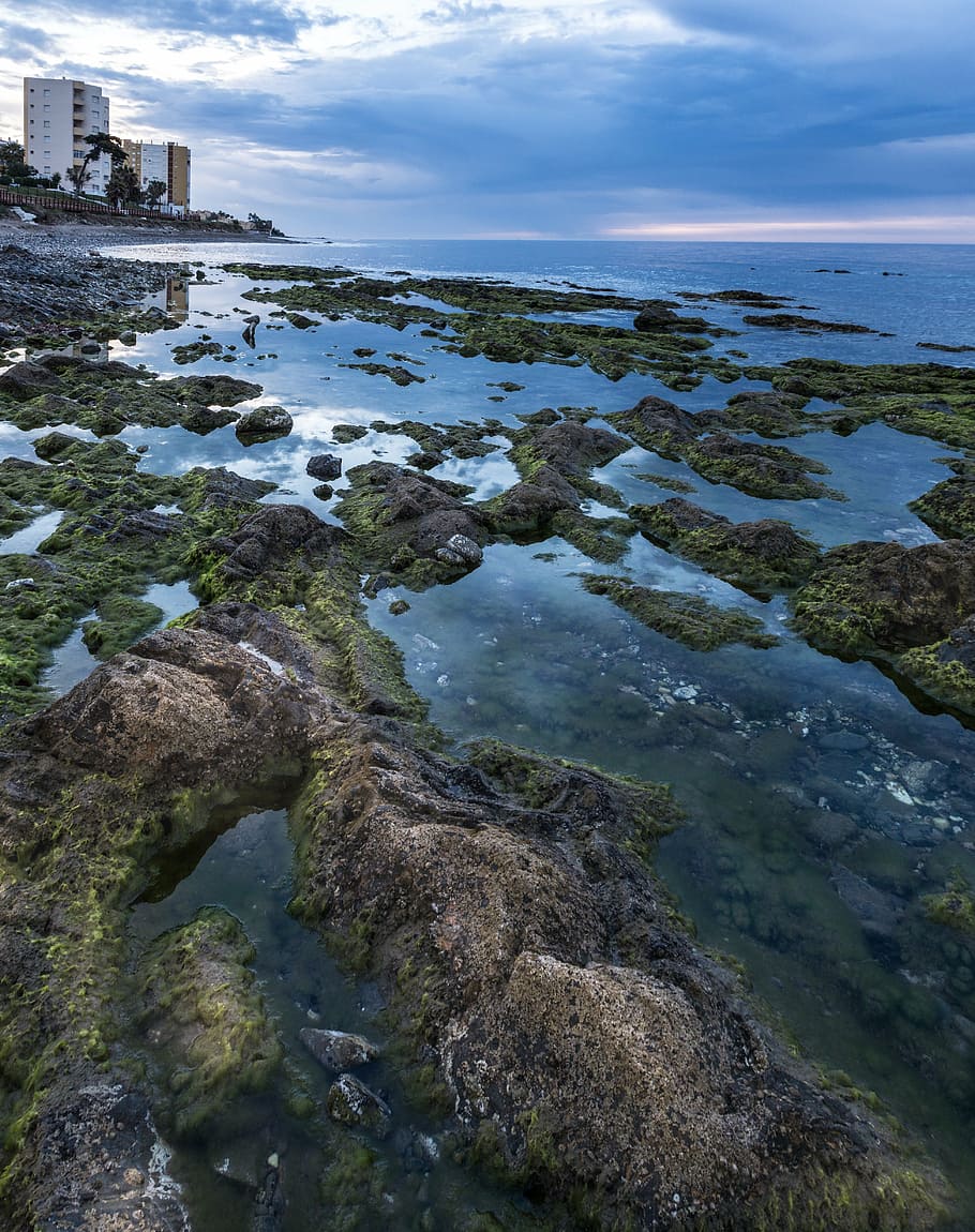 shore, beach, dawn, lighthouse mijas, malaga, spain, costa HD wallpaper