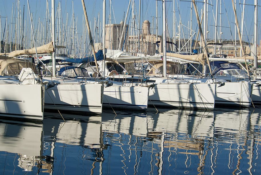 Sailboat, Boat, Harbour, Reflection, Sea, marseille, france HD wallpaper