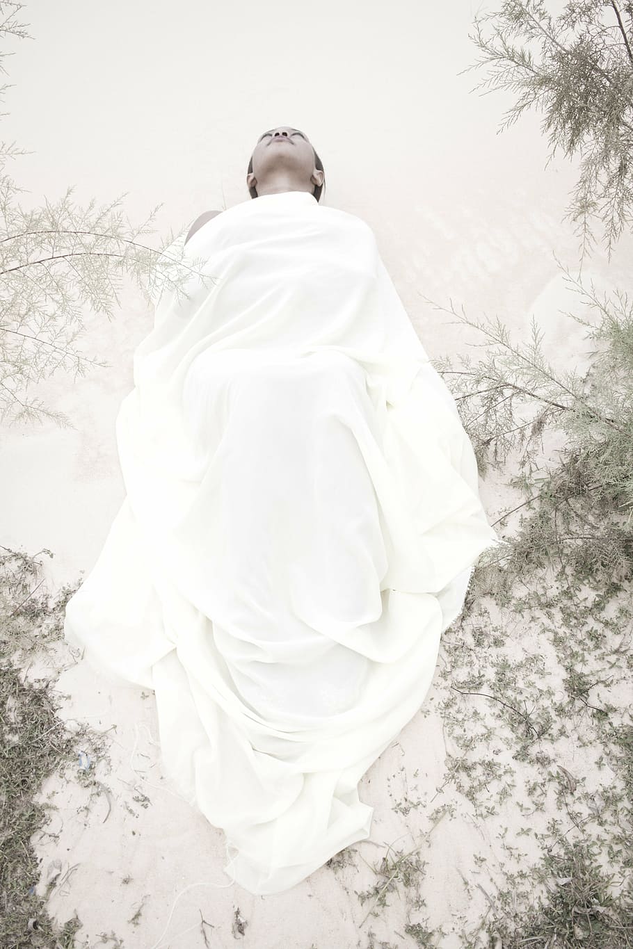 woman lying on ground with white cover, mystical, portrait HD wallpaper