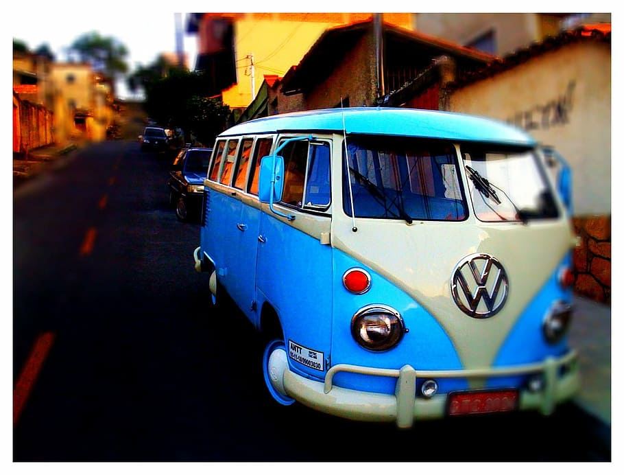 blue and white Volkswagen Kombi, car, vehicle, transportation
