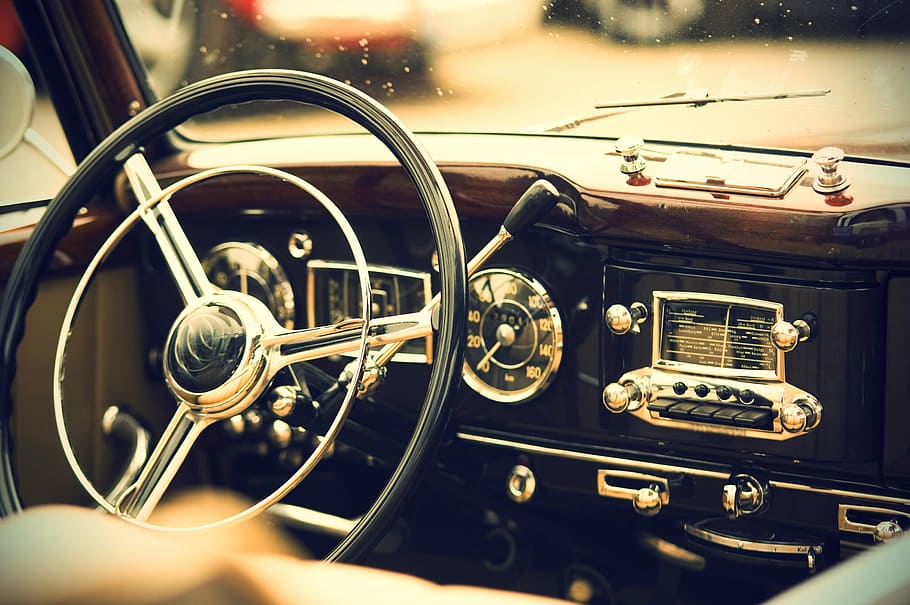 chrome car steering wheel, oldtimer, interior, us vehicle, auto