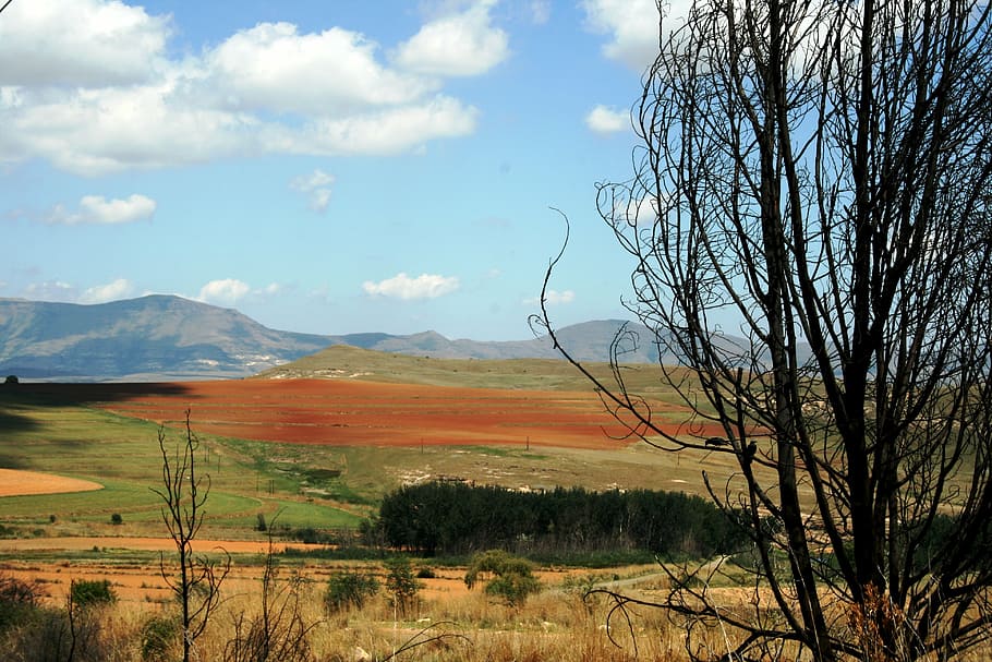 landscape, veld, mountains, clouds, sky, far blue mountains HD wallpaper