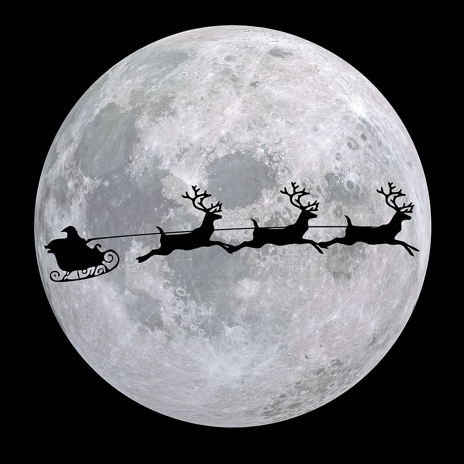 silhouette photo of Santa Claus with three reindeers during full moon