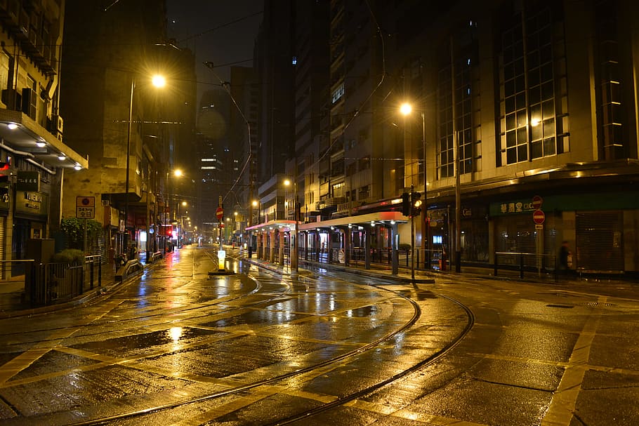empty road during nighttime, hongkong, late, city, urban, cityscape